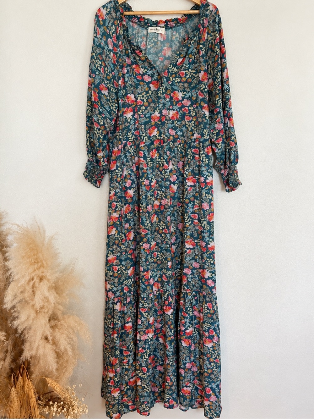Natural Life Rebecca Floral Maxi Dress S Teal Boho Cottagecore